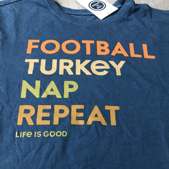 Mens Life Is Good T-Shirt Football/Turkey/Nap/Repeat Blue size S - Picture 2 of 5